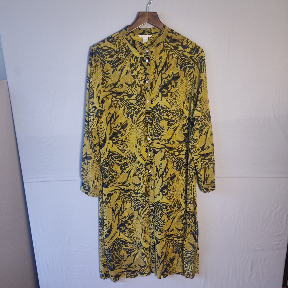 HM Womens Yellow Black Graphic Print Button Down Shirt Dress Size 12 Long Sleeve